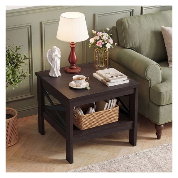 Square Side Table with Storage Shelf, 2-Tier End Table, X-Frame Coffee Table for Living Room Bedroom, Rustic Oak Finish, 24x24x20 Inch