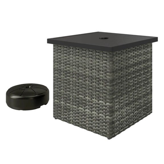 Square Side Table with Umbrella Hole, Outdoor Coffee Table - Mixed Gray PE Rattan Patio Table with Base & Pole