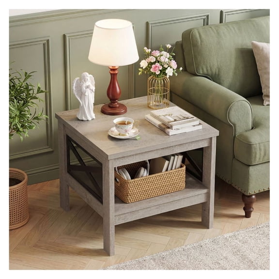 Square Side Tables, 2 Tier End Tables with X-Frame, Living Room Bedroom Furniture