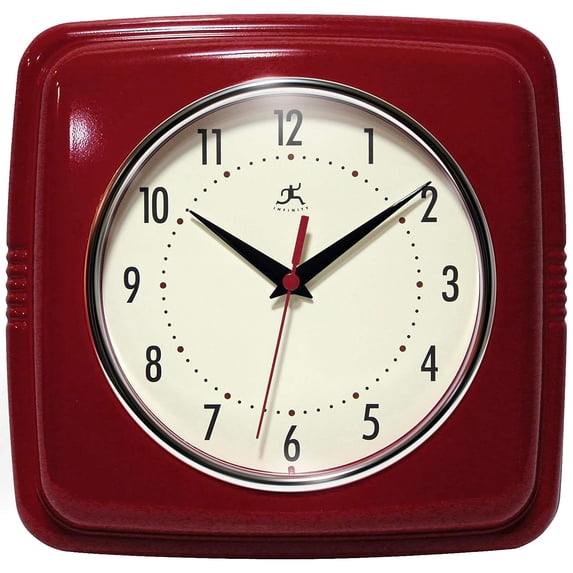 Square Silent Retro 9 Inch Mid Century Modern Kitchen Diner Wall Clock Quartz Sweep Movement (red)