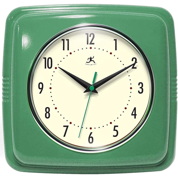 Square Silent Retro 9 inch Mid Century Modern Kitchen Diner Retro Wall Clock Quartz Sweep Movement (Green)