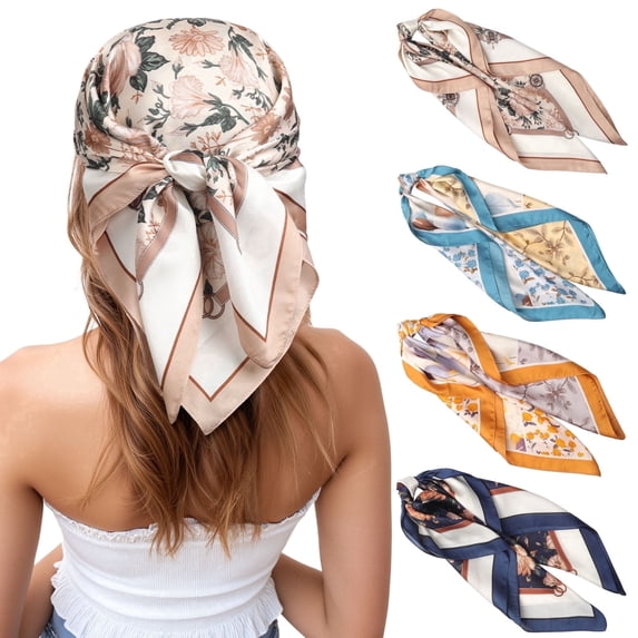 AWAYTR 27.5 Inches Silk Feeling Square Head Scarf - 4 Pcs Satin Square Head Scarves for Women Hair Bandanas Head Kerchief