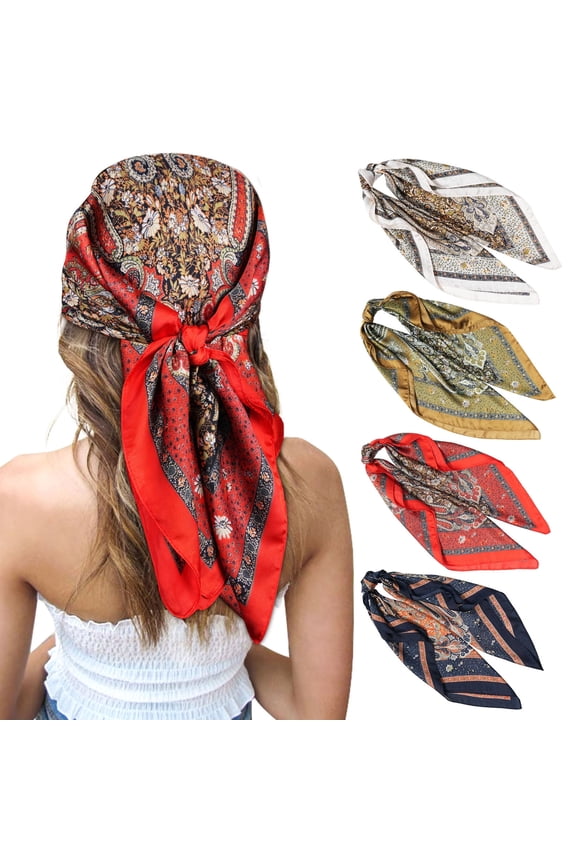 Square Silk Head Scarf of 4pcs Women 27” Satin Bandana Sleeping Wraps Lightweight Headscarf Boho Headwear
