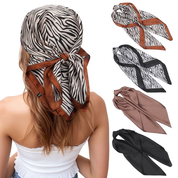 AWAYTR 27.5 Inches Silk Feeling Square Head Scarf - 4 Pcs Satin Square Head Scarves for Women Hair Bandanas Head Kerchief