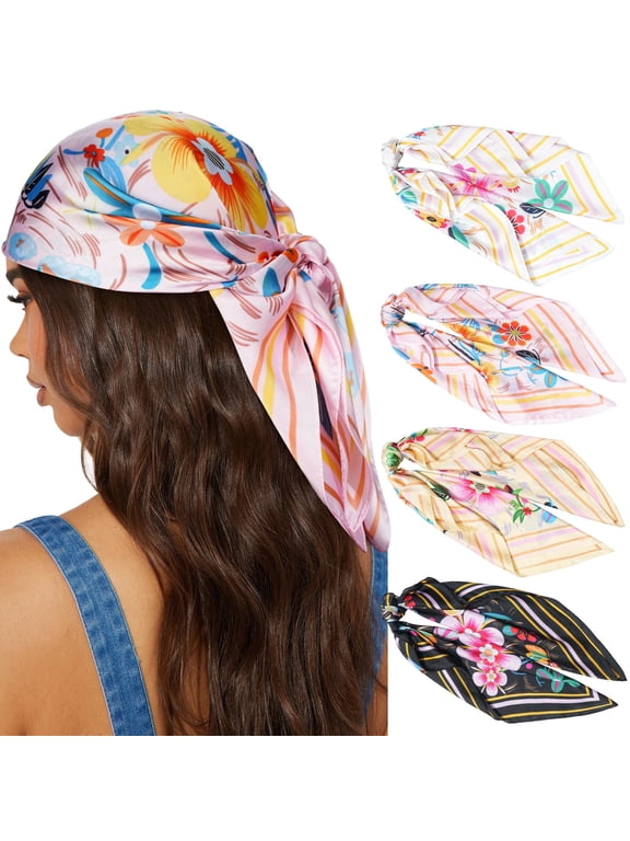 Square Dressy Lightweight Silk Satin Headscarf Bandana Small Floral Print Multicolor 4 Pack