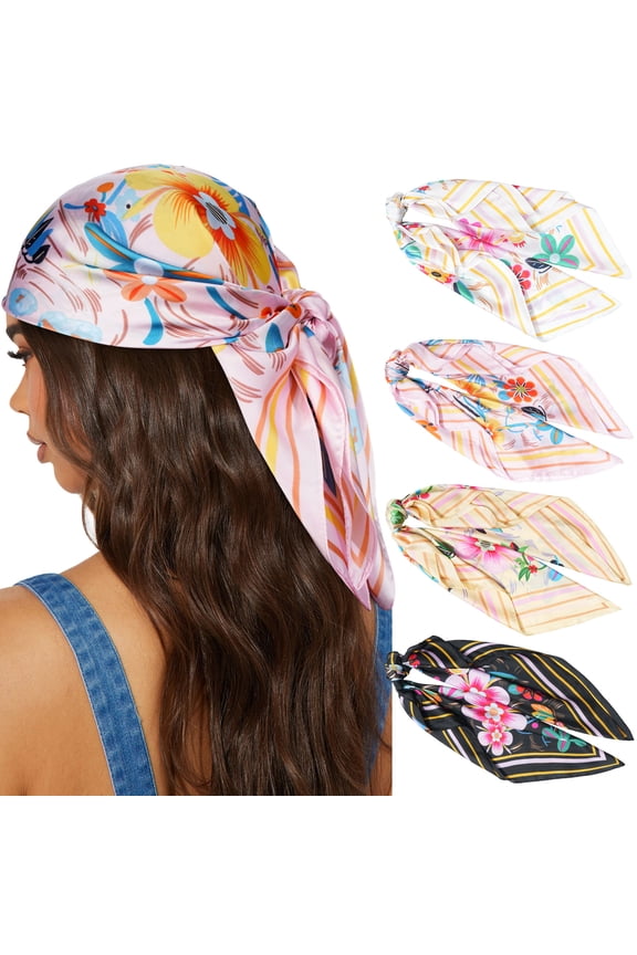 Square Dressy Lightweight Silk Satin Headscarf Bandana Small Floral Print Multicolor 4 Pack