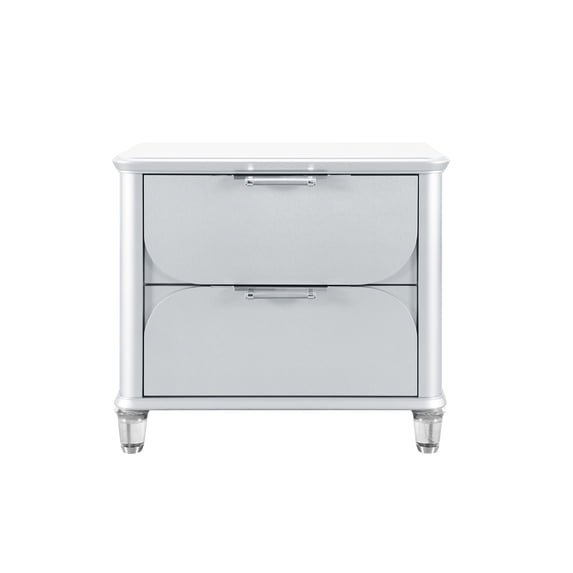 Square Silver Nightstand with Glass Main | Bedroom Drawer Functionality | Rubberwood & Acrylic Legs | Handles Bedroom Item Storage