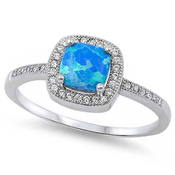 Square Simulated Opal Clear CZ Classic Ring Sterling Silver Size 6