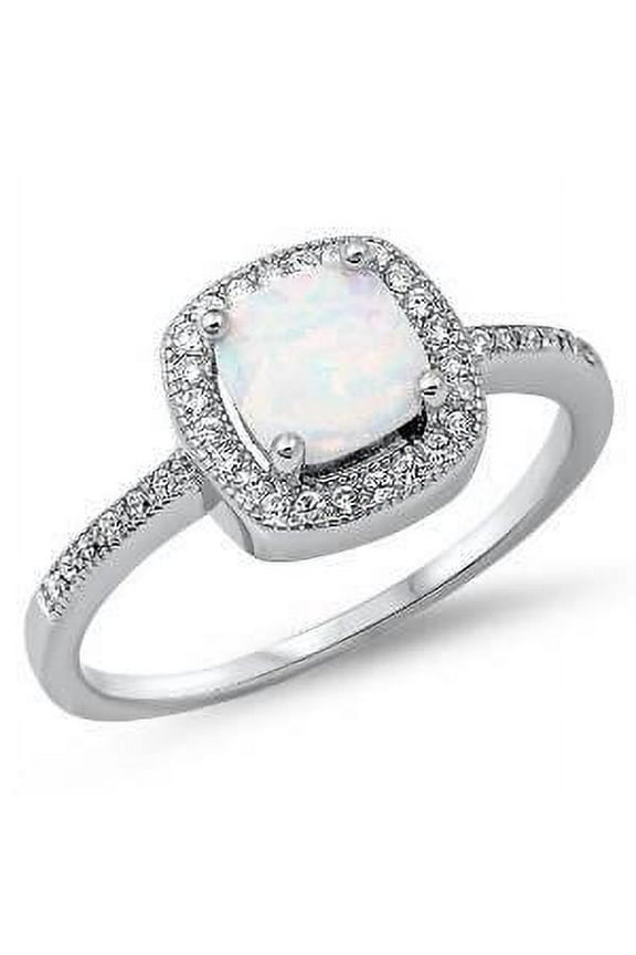 Square Simulated Opal Clear CZ Classic Ring Sterling Silver Size 6