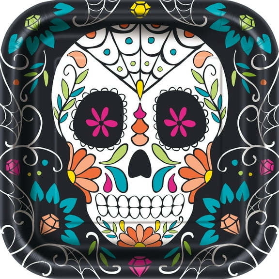 Square Skull Day of the Dead Paper Plates, 9 in, 8ct