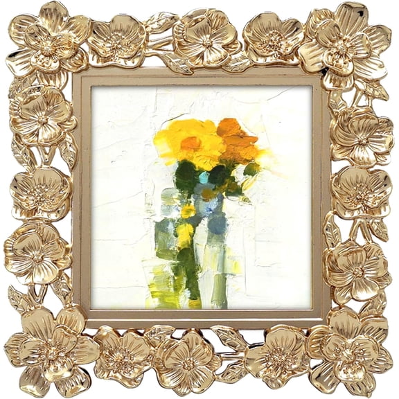Square Spring Blossom Photo Frame / 3.5x3.5 In | For Vertical Display on Tabletops | Perfect for Home Decor, Wedding, Vacation, Graduation, Or Any Milestone Photos (Gold)