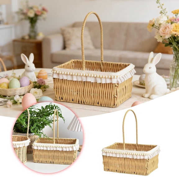 Square Spring Woven Picnic Basket with Lace and Pearl Easter Wicker Egg Basket Handmade Pick Flowers Basket Fillers Stuffers Floral Decoration Sturdy Rattan Storage Bins Container