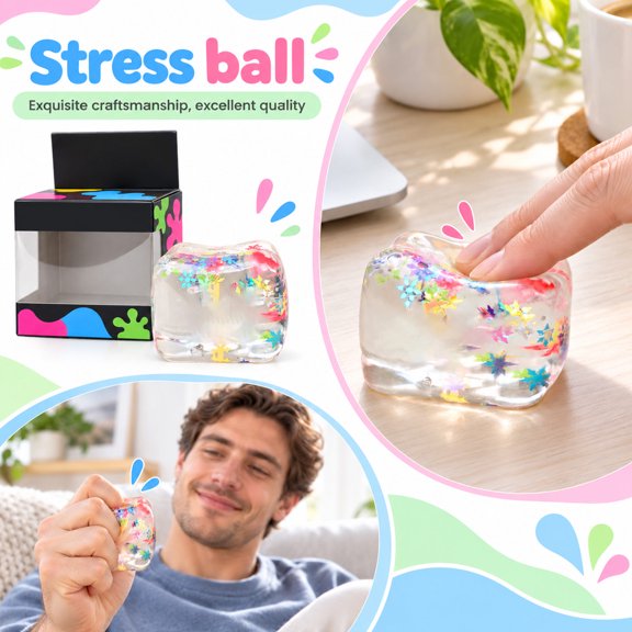 Square Squishy Cube with Colorful Snowflake Glitter, 2 Inch, Transparent, for Adults and Teens, Calming Relaxation Toy