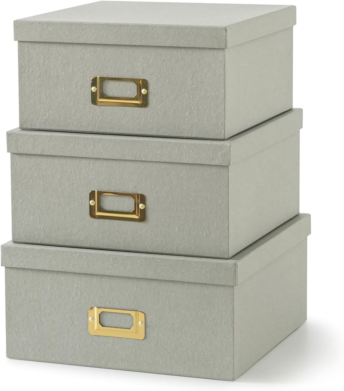 Square Stacking Boxes with Lids and Gold Label Holders, Decorative Photo Storage, Nesting Cardboard Set for Decor and Organizing