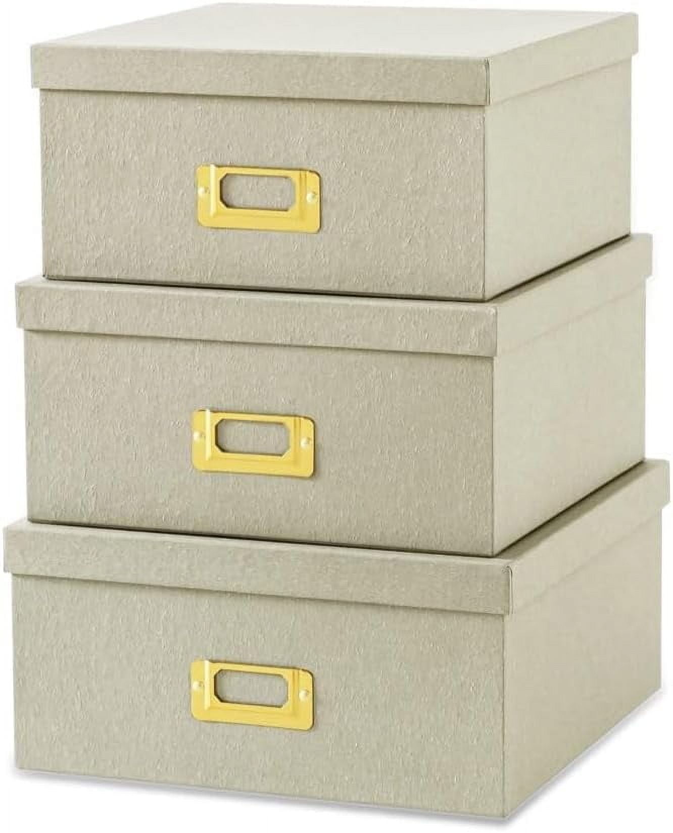 Square Stacking Boxes with Lids and Gold Label Holders, Decorative Photo Storage, Nesting Cardboard Set for Decor and Organizing