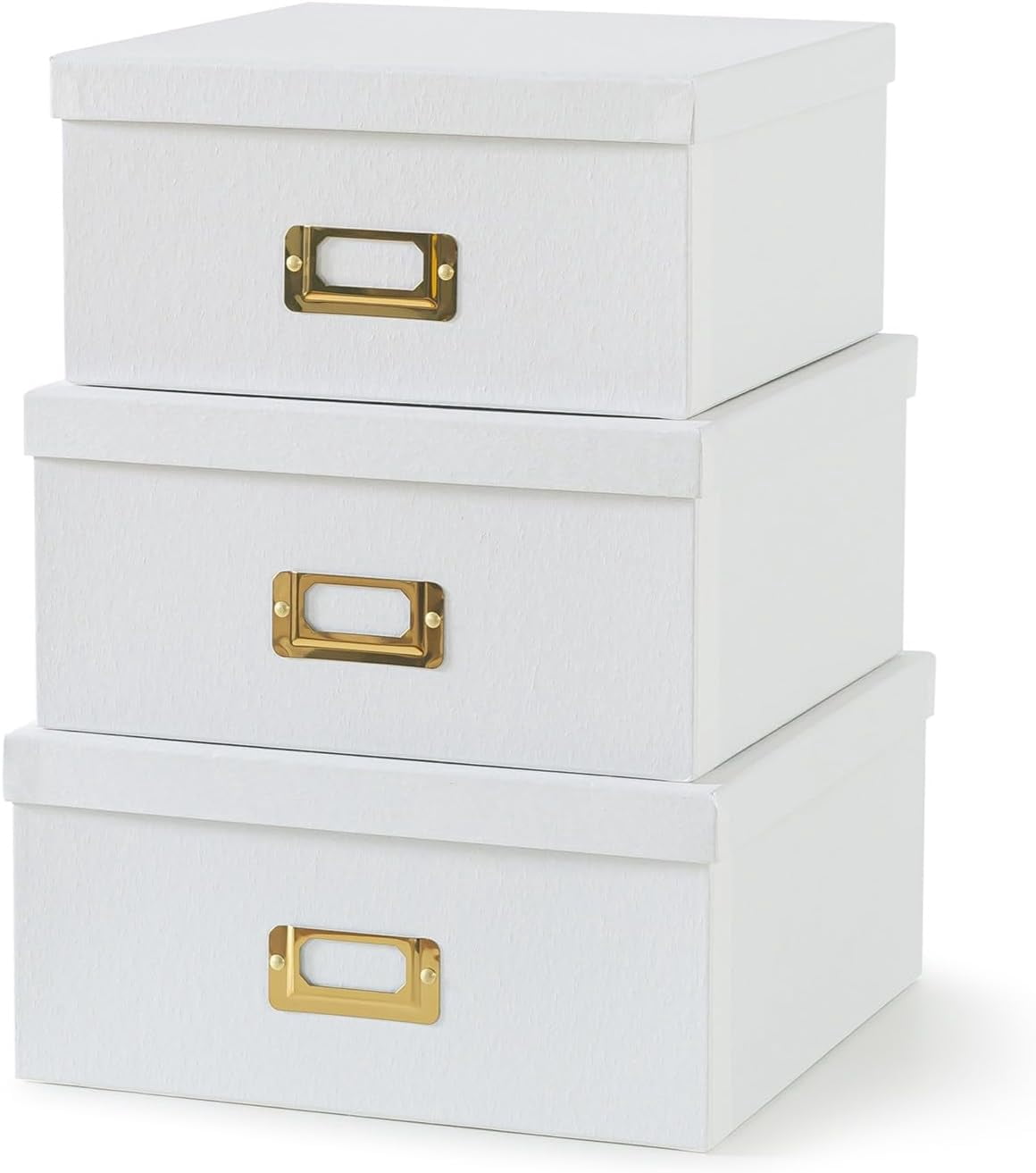Square Stacking Boxes with Lids and Gold Label Holders, Decorative Photo Storage, Nesting Cardboard Set for Decor and Organizing