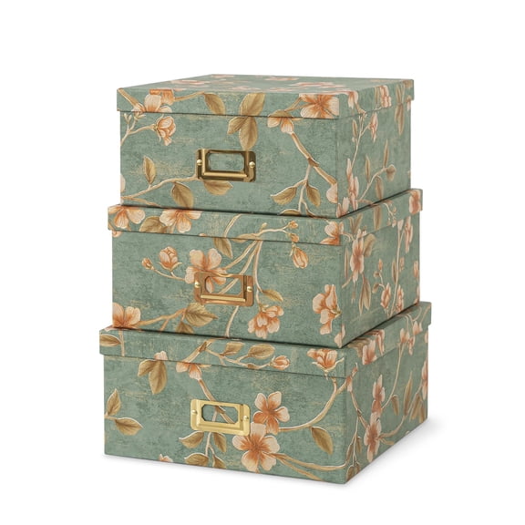 Square Stacking Cardboard Storage Boxes, Botanical Sage, Set of 3