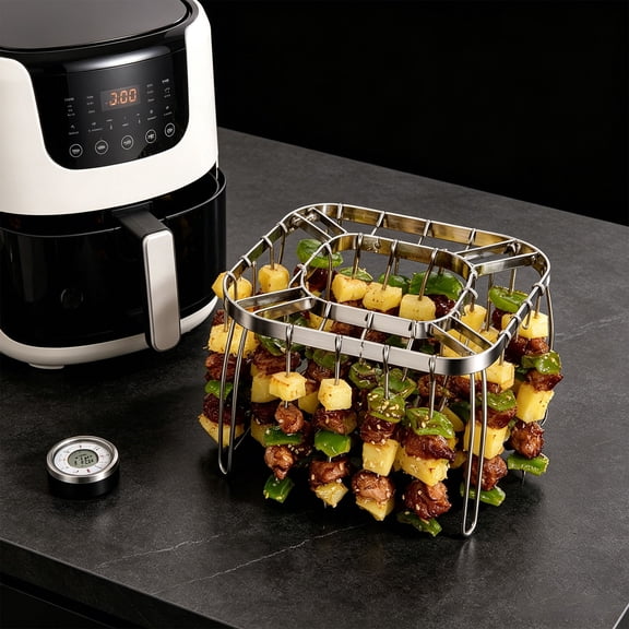 Square Stainless Steel Air Fryer Roasting Rack with 28 Skewers, Thickened Non-stick BBQ Even Roasting Hanging Skewer Rack, Oven Grill Accessories for Home Kitchen Meat Roasting