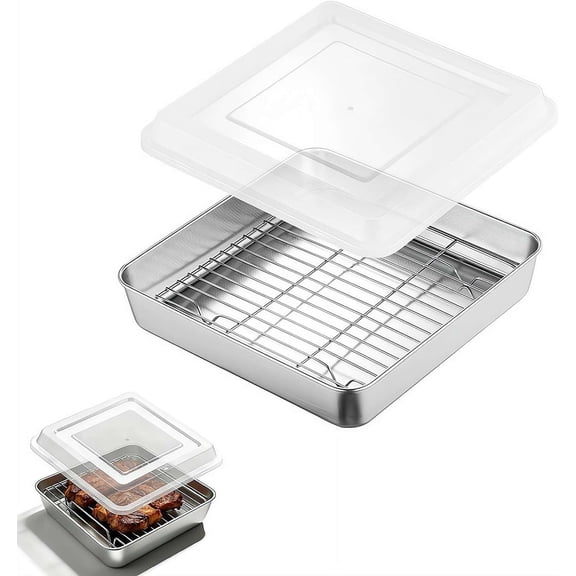 Square Stainless Steel Cake Pan 6/8/10 Inch with Lid and Rack, Oven Safe