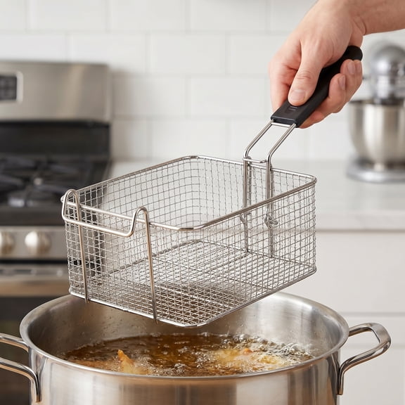 Square Stainless Steel Deep Fryer Basket with Rubber Handle - Heavy Duty Mesh Frying Strainer for French Fries, Chicken, Fish, and Onion Rings, Kitchen Oil Draining Basket