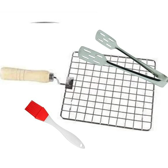 Square Stainless Steel Papad Jali, Paneer Grill, Roti Maker, Barbeque Jali Roaster Chapati Toast Grill Wooden Handle (Silver) with Cake Tong and Oil Brush
