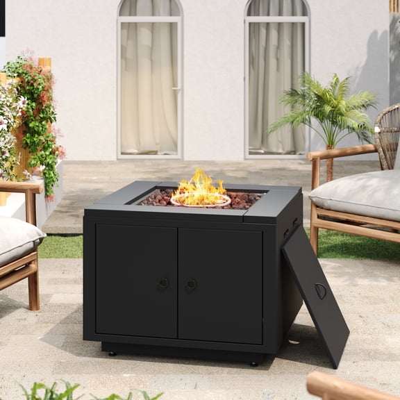 Square Steel Fire Pit Table 30 Inch Outdoor Gas Fireplace with 40000 BTU Heat Output Black Finish for Patio Deck Backyard