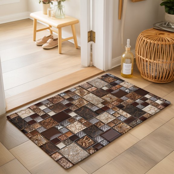 Square Stone Tiles 2'x3' Small Rugs for Entryway Front Door Kitchen Sink Area, Vintage Brown Tan Ornate Embossed Relief Grid Soft Sturdy Mats Washable Non Slip Rectangle Area Rug