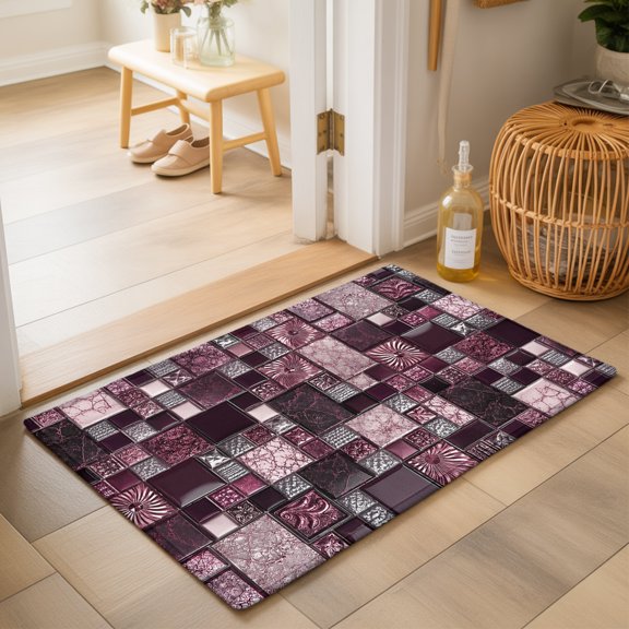 Square Stone Tiles 2'x3' Small Rugs for Entryway Front Door Kitchen Sink Area, Vintage Pink Black Ornate Embossed Relief Grid Soft Sturdy Mats Washable Non Slip Rectangle Area Rug