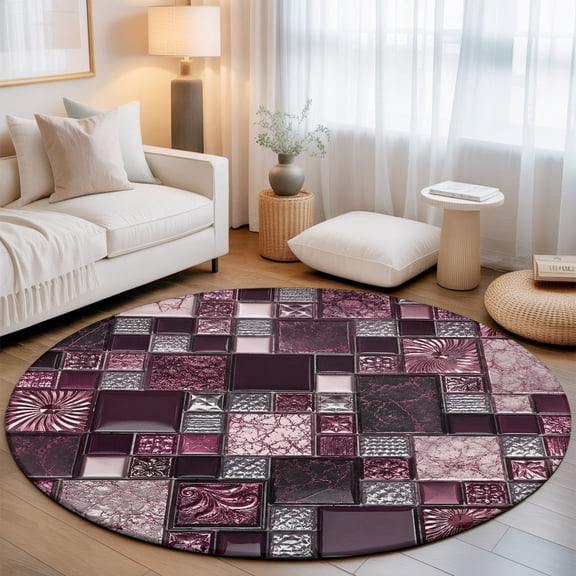 Square Stone Tiles 8' Round Rugs for Open Concept Living Room Seating Zone, Vintage Pink Black Ornate Embossed Relief Grid Washable Non Slip Mats Large Circle Lounge Area Area Rug