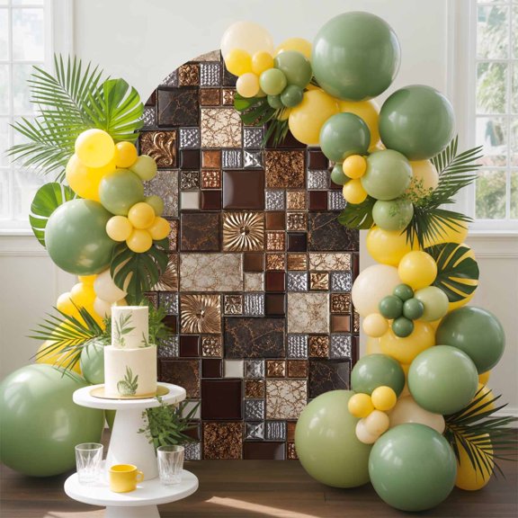 Square Stone Tiles Arch Backdrop Cover, 4FT, Vintage Brown Tan Ornate Embossed Relief Grid Spandex Arch Covers Double-Sided Backdrop for Wedding Birthday Party Photo Background Decoration