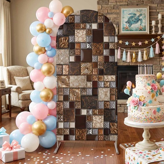 Square Stone Tiles Arch Backdrop Covers 6 FT, Vintage Brown Tan Ornate Embossed Relief Grid Stretchy Fitted Arched Stand Covers Party Arch Stand Cover Photo Booth for Wedding Birthday Decor