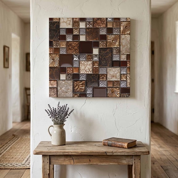 Square Stone Tiles Canvas Wall Art for Living Room Bedroom Bathroom, Vintage Brown Tan Ornate Embossed Relief Grid Canvas Art Wall Decor, Artwork for Walls Home Office Decor, 8"x8"