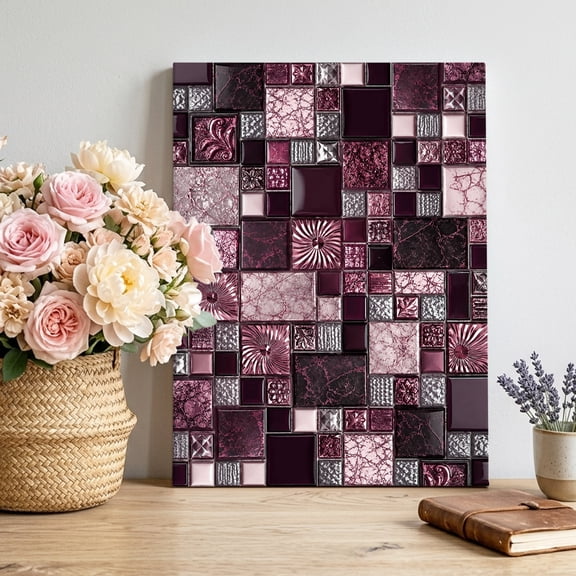 Square Stone Tiles Canvas Wall Art for Living Room, Vintage Pink Black Ornate Embossed Relief Grid Poster Print Painting for Bedroom Office Home Decoration Wall Pictures Prepare To Hang 24"x32"