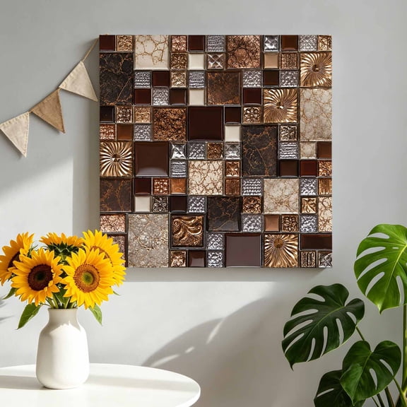 Square Stone Tiles Canvas Wall Art, Vintage Brown Tan Ornate Embossed Relief Grid Framed Picture Canvas Wall Art Print Decor Artwork Decorations for Living Room Bedroom Ready to Hang 8" x 8"