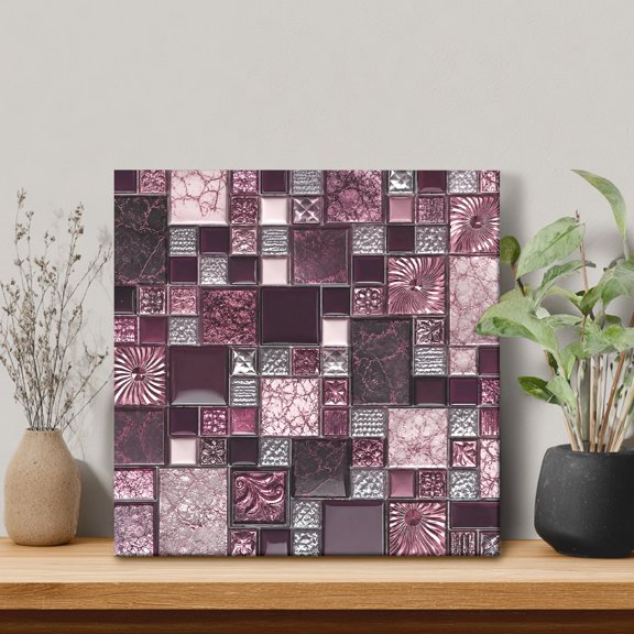 Square Stone Tiles Framed Canvas Wall Art, Vintage Pink Black Ornate Embossed Relief Grid Wall Art Painting for Living Room Bedroom Home Decor, 12"x12", Office Artwork Print