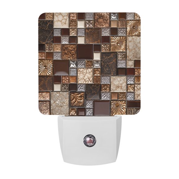 Square Stone Tiles Night Lights, Vintage Brown Tan Ornate Embossed Relief Grid Smart Auto Dusk to Dawn Sensor Nightlights Plug-in Nightlight for Bedroom Bathroom Living Room Kitchen Hallway