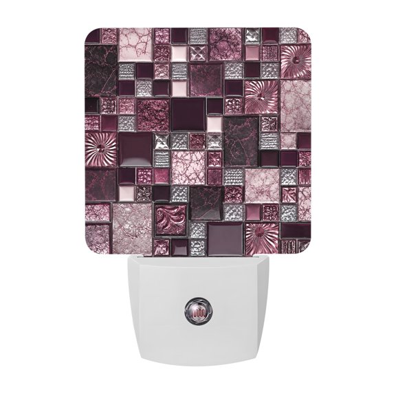 Square Stone Tiles Night Lights, Vintage Pink Black Ornate Embossed Relief Grid Smart Auto Dusk to Dawn Sensor Nightlights Plug-in Nightlight for Bedroom Bathroom Living Room Kitchen Hallway