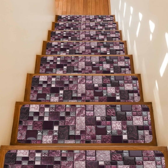 Square Stone Tiles Non-Slip Stair Treads for Wooden Steps, 15 Pack 8x30 Inches Carpet Stair Mats with Adhesive Backing, Noise-Reducing Step Covers for Indoor Stairs, Easy to Install & Residue-Free