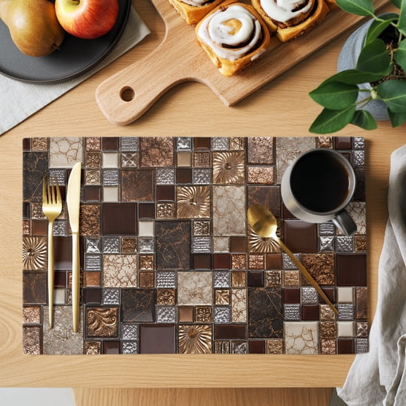 Square Stone Tiles Placemats Set of 2, Vintage Brown Tan Ornate Embossed Relief Grid Heat Insulated Linen Place Mats, Washable Stain-Proof Table Mats for Dining Tables Holiday Decor 13x19 Inches