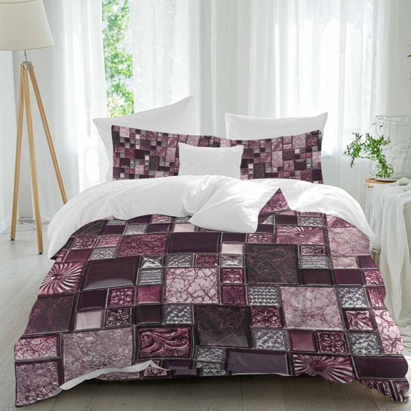 Square Stone Tiles Queen Duvet Cover Set, Vintage Pink Black Ornate Embossed Relief Grid 4 Piece Microfiber Bedding Set with Zipper Closure, Bed Sheet and 2 Pillow Shams, Soft Bedding Cover