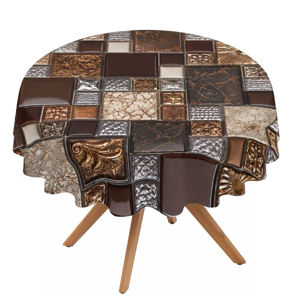 Square Stone Tiles Round Tablecloth 54 inches Vintage Brown Tan Ornate Embossed Relief Grid Waterproof Oil-Proof Table Cloth Round Table Cover for Holiday Party Picnic Dinner Decor Indoor Outdoor Use