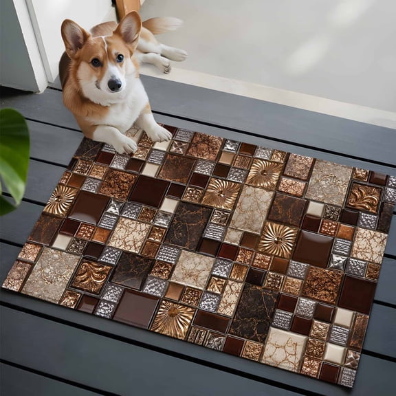 Square Stone Tiles Small Area Rugs 2x3 Vintage Brown Tan Ornate Embossed Relief Grid Entryway Rugs Washable Door Mat, Low-Profile Area Rugs Non Slip Floor Carpet for Living Room Bedroom Home Office