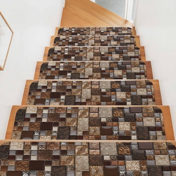 Square Stone Tiles Stair Treads Non Slip for Steps Vintage Brown Tan Ornate Embossed Relief Grid 15 Pcs Reusable Adhesive Stair Runner Mats for Dogs Elders Carpet Treads Rugs for Staircase 8x30 In