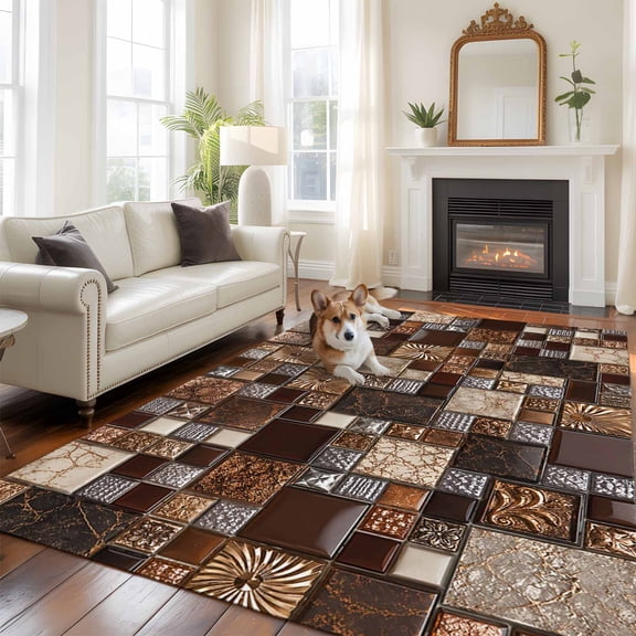 Square Stone Tiles Washable Area Rug 6x9 Vintage Brown Tan Ornate Embossed Relief Grid Low-Profile Large Area Rugs Non Slip Backing Indoor Floor Carpet for Entrance Living Room Bedroom Home Office