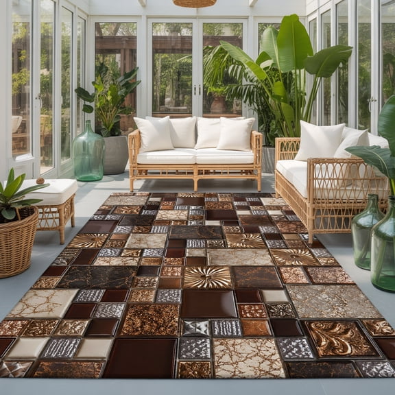 Square Stone Tiles Washable Living Room Rugs 5'x8', Vintage Brown Tan Ornate Embossed Relief Grid Washable Throw Large Area Rug Non-Slip Sturdy Edge Binding Carpet for Living Area Kitchen Office
