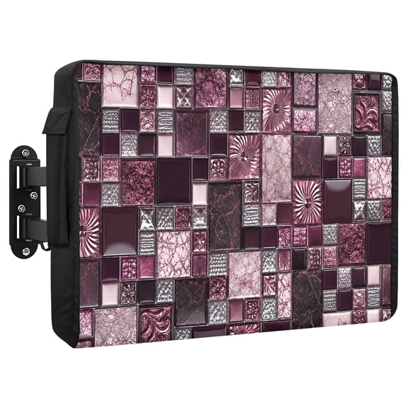 Square Stone Tiles Waterproof Outdoor TV Cover, Vintage Pink Black Ornate Embossed Relief Grid Outside Weatherproof TV Enclosures for 30 to 32 Inch LCD Television Shield Flat Screen Protectors