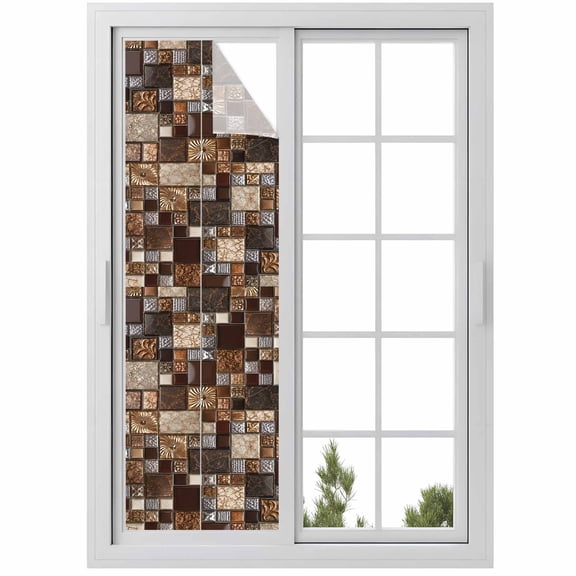 Square Stone Tiles Window Privacy Film 17.7x78.7in Vintage Brown Tan Ornate Embossed Relief Grid Decorative Window Film with Static Cling, UV Filtering Window Cling Privacy Film for Glass Doors
