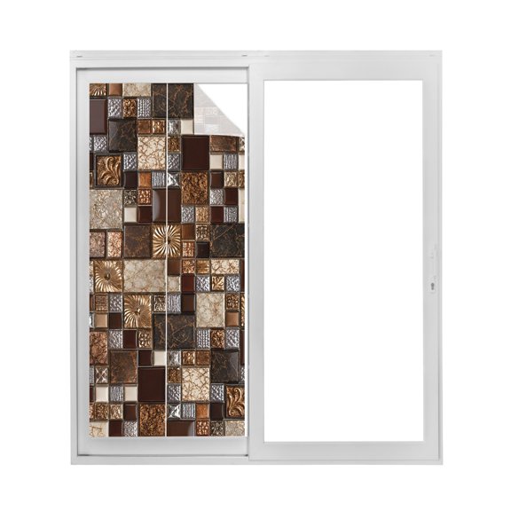 Square Stone Tiles Window Privacy Film Vintage Brown Tan Ornate Embossed Relief Grid Decorative Glass Window Film UV Blocking Static Cling Non-Adhesive Sticker Covering 19.6 x 39.3 inches