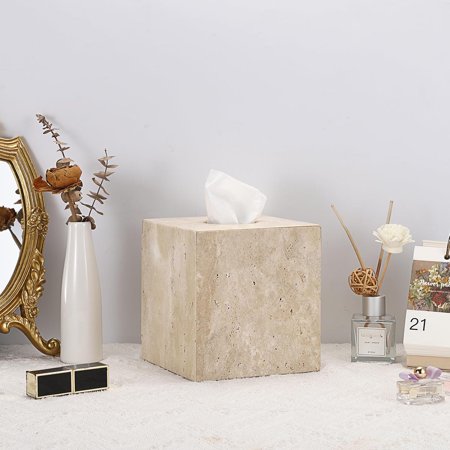 Square Stone Tissue Box Cover Travertine Natural Tissue Holder Heavy Duty for Bathroom Kitchen Bedroom Living Room