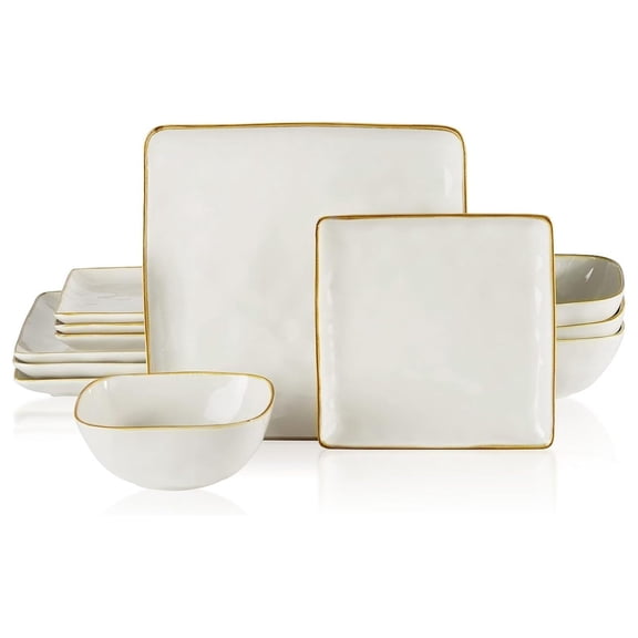 Square Stoneware Dinnerware Set for 4, 12 Piece Tableware Collection with 9.75 Inch Dinner Plates, 7.25 Inch Salad Plates, 6 Inch Cereal Bowls, Microwave Dishware
